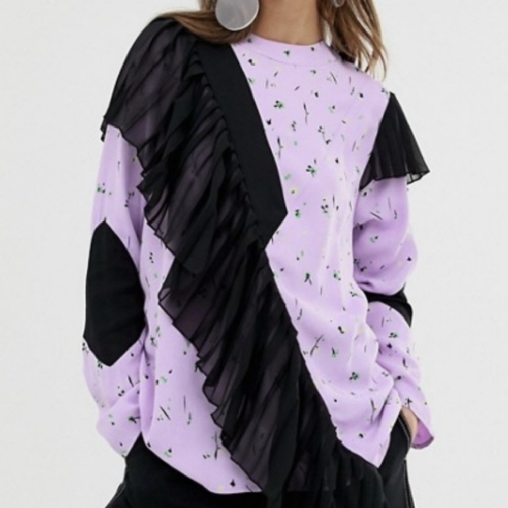 ASOS ruffle purple and black long sleeve top